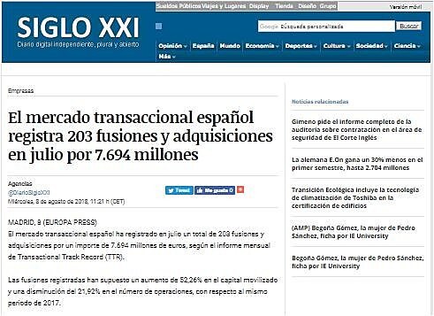 El mercado transaccional espaol registra 203 fusiones y adquisiciones en julio por 7.694 millones